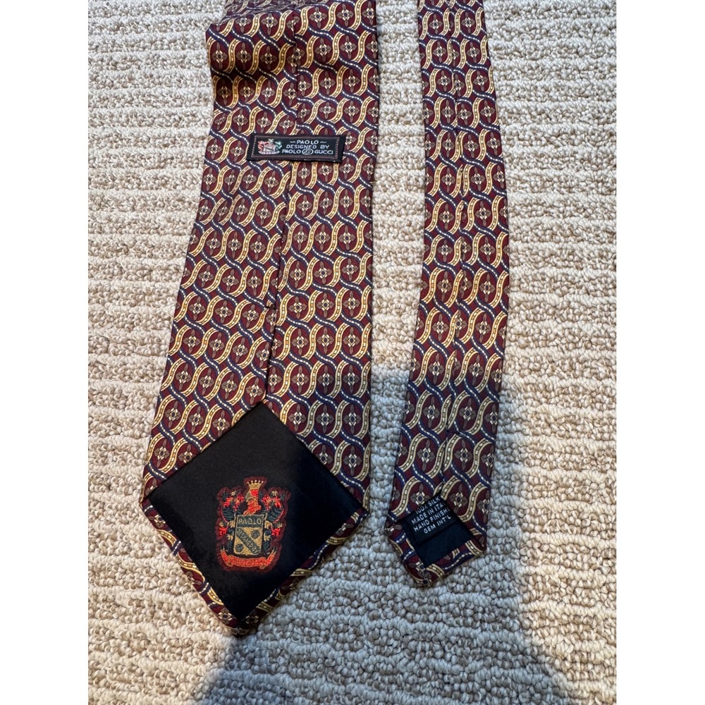 Paolo Designed by Paolo Gucci Silk Tie Burgundy Gold Geometric Made in‎ Italy